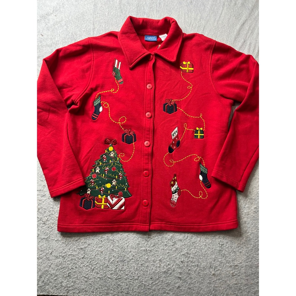 Natural Reflections Red Christmas Tree Stocking Embroidered Cardigan Womens S